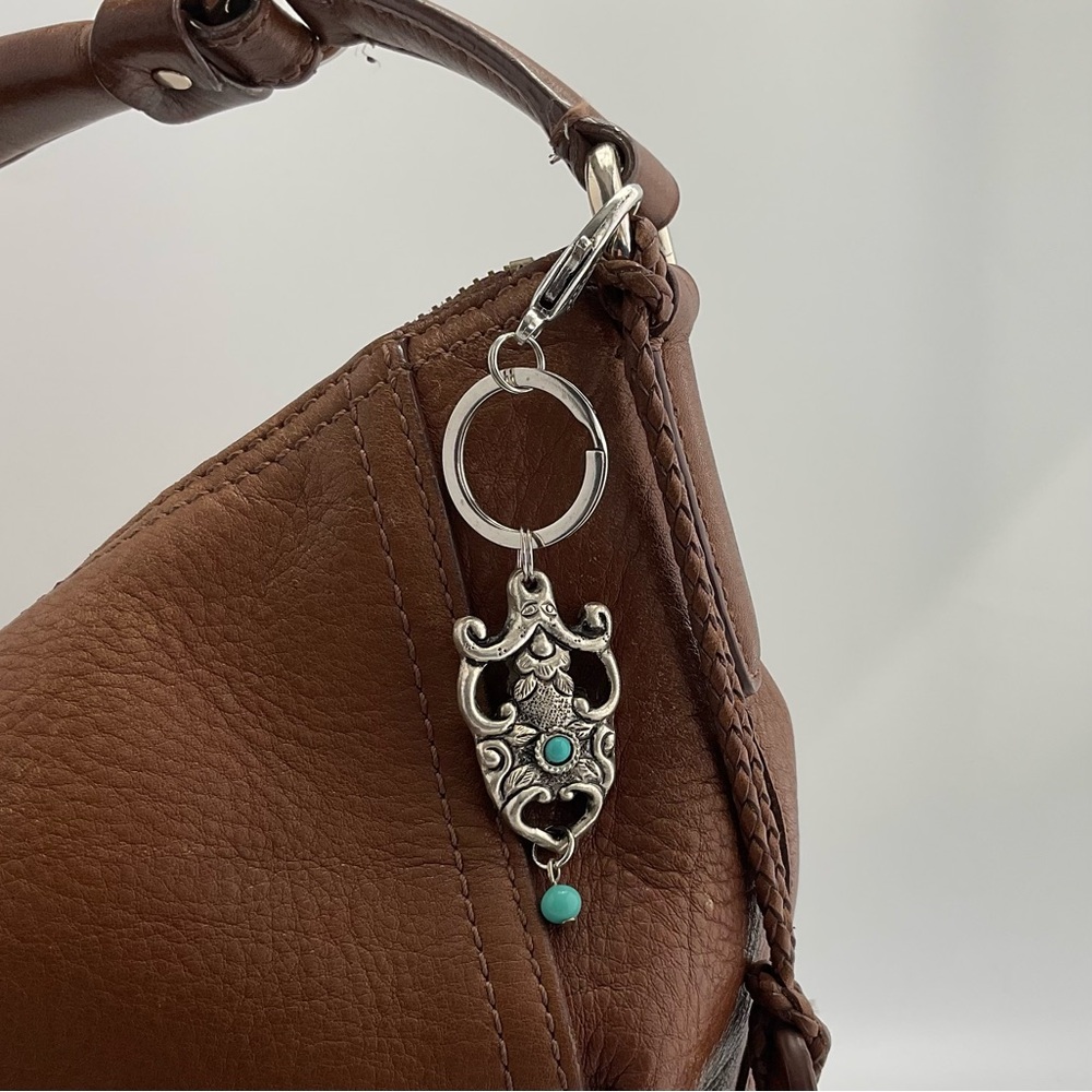 BoHo Western Keychain, Faux Turquoise & Antique Silver, Purse Charm, Key Ring - Picture 5 of 8